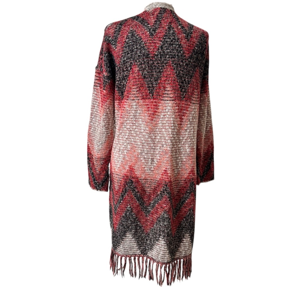 Lucky Brand Long Cardigan Medium  Red /Grey Aztec Fringe Duster western  Sweater - Picture 6 of 9